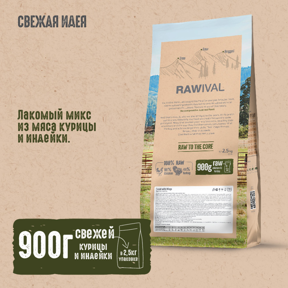 RAWIVAL КУРИЦА и ИНДЕЙКА для собак средних и крупных пород 2,5кг