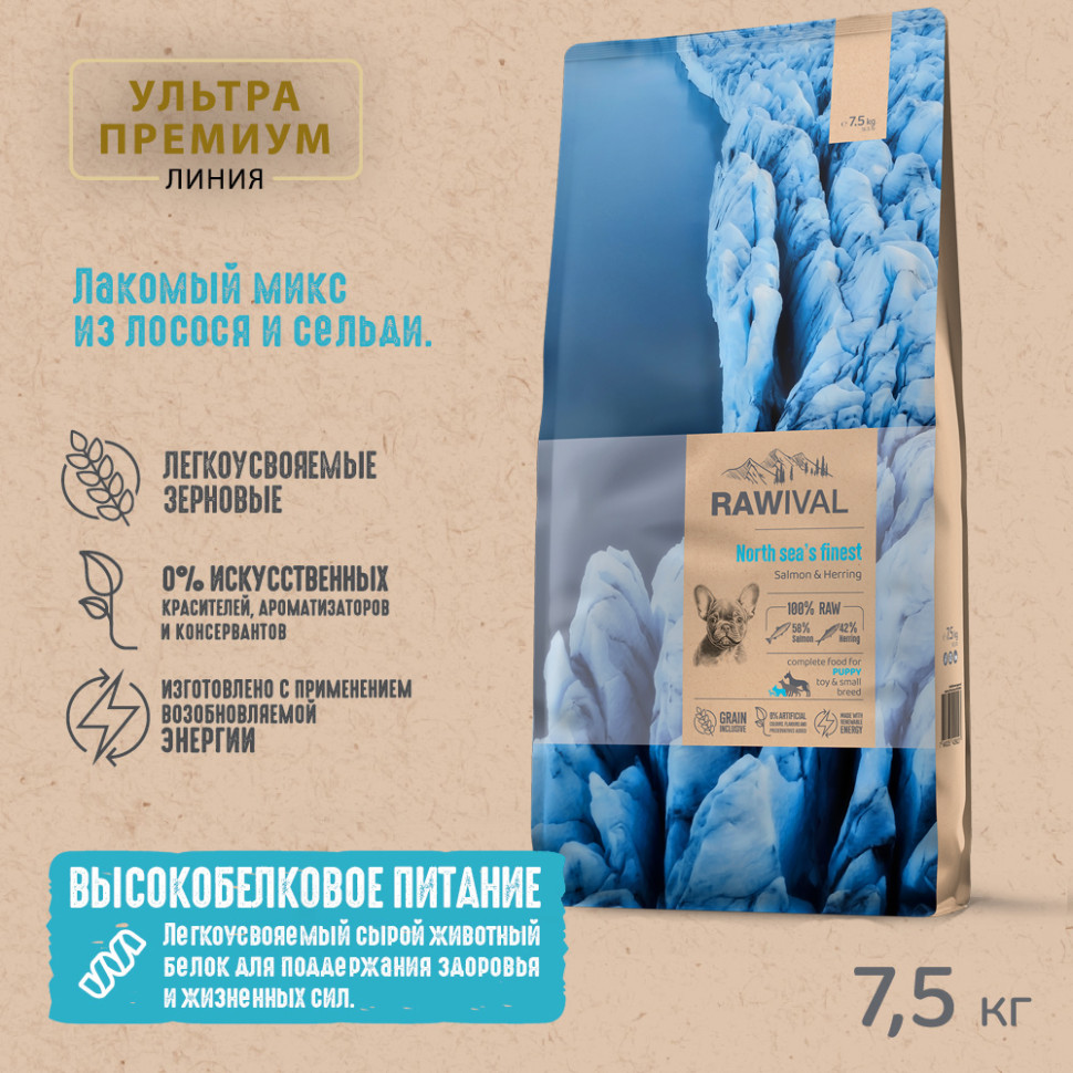 RAWIVAL ЛОСОСЬ и СЕЛЬДЬ для щенков MINI 7,5кг