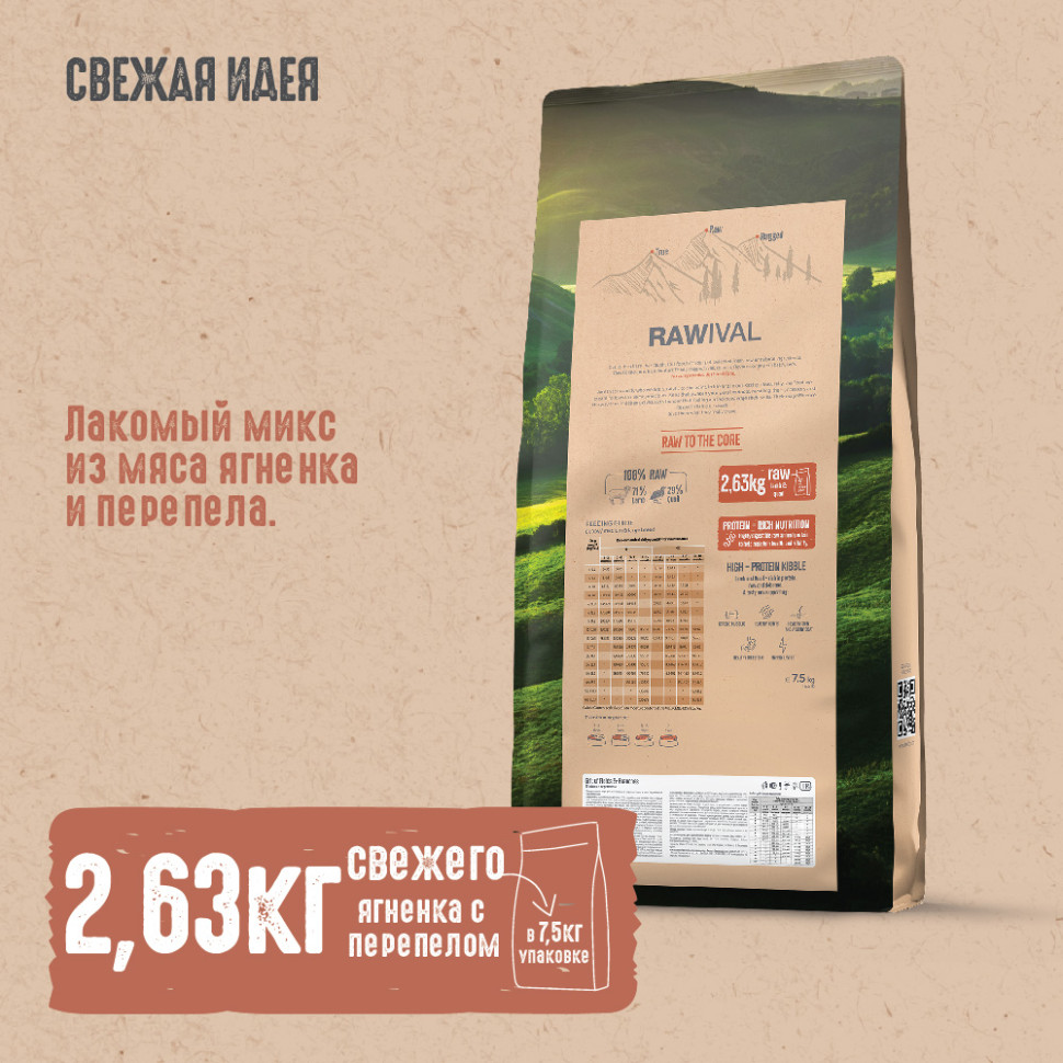 RAWIVAL ЯГНЁНОК и ПЕРЕПЁЛКА для собак MINI 7,5кг